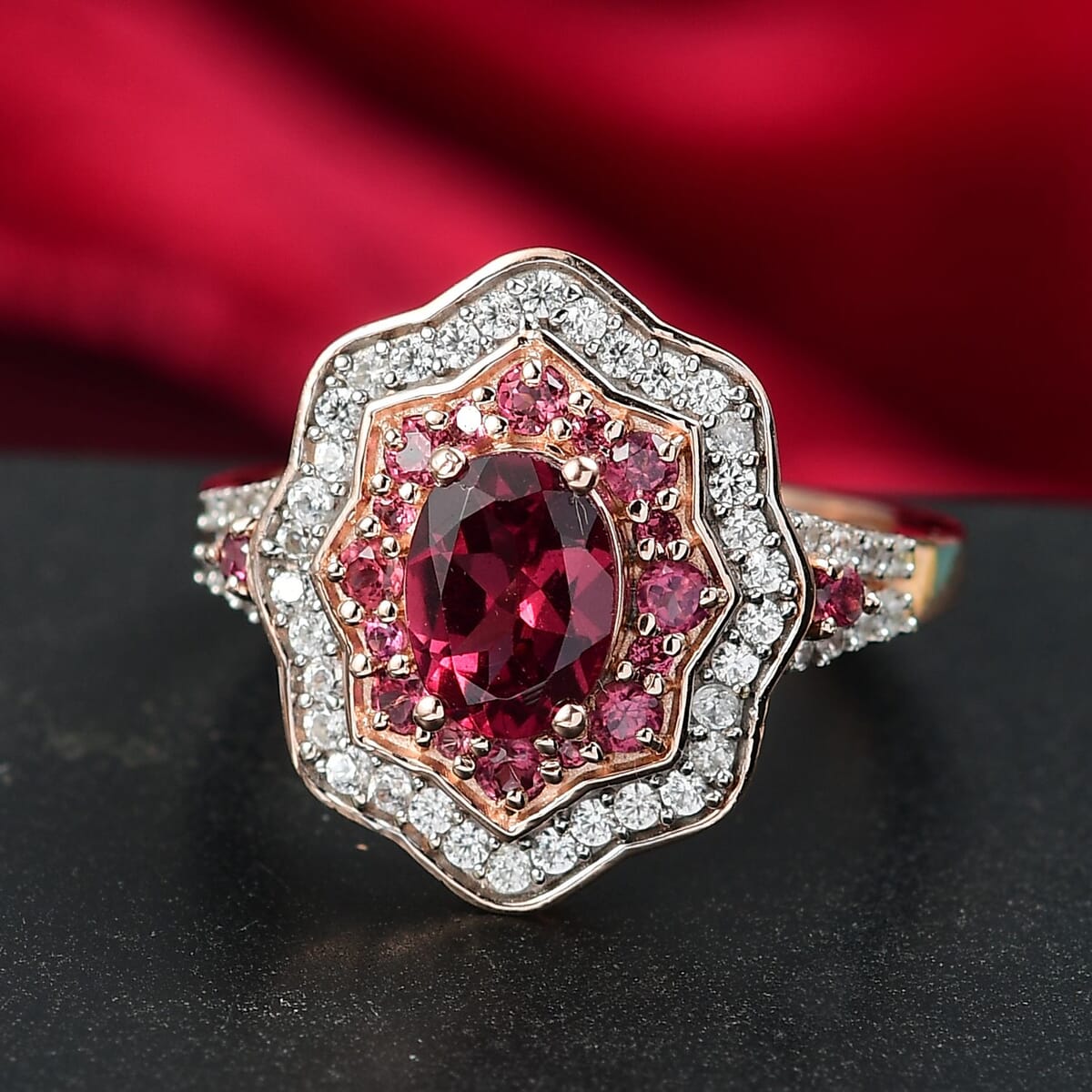 D'Joy Tanzanian Wine Garnet and White Zircon 2.30 ctw Scarlet Aura Ring in 18K Vermeil Rose Gold Over Sterling Silver (Size 10.0) image number 1