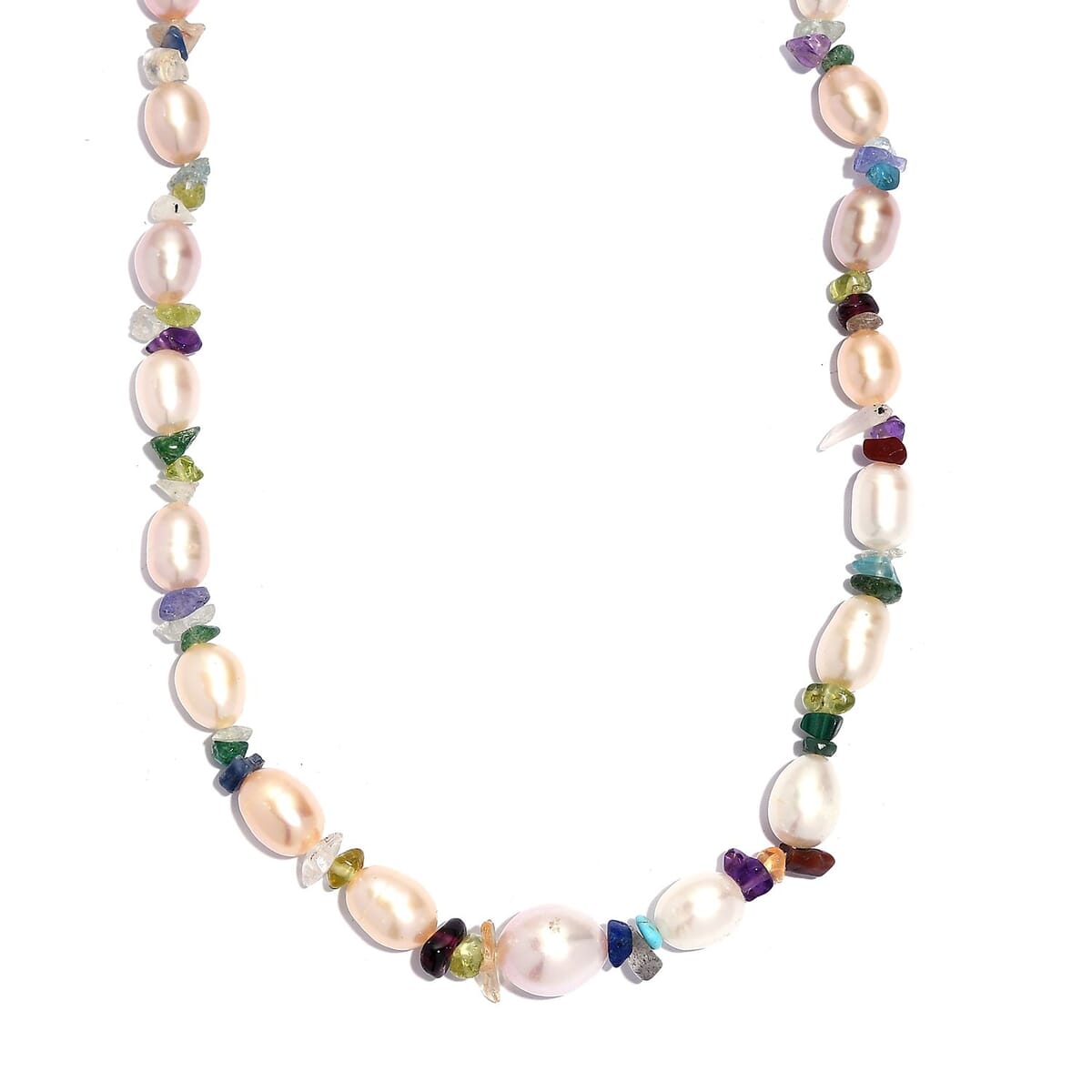 Multi Color Freshwater Pearl and Multi Gemstone 10.00 ctw Necklace in Rhodium Over Sterling Silver 18 Inches image number 0