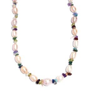 Multi Color Freshwater Pearl and Multi Gemstone 10.00 ctw Necklace in Rhodium Over Sterling Silver 18 Inches