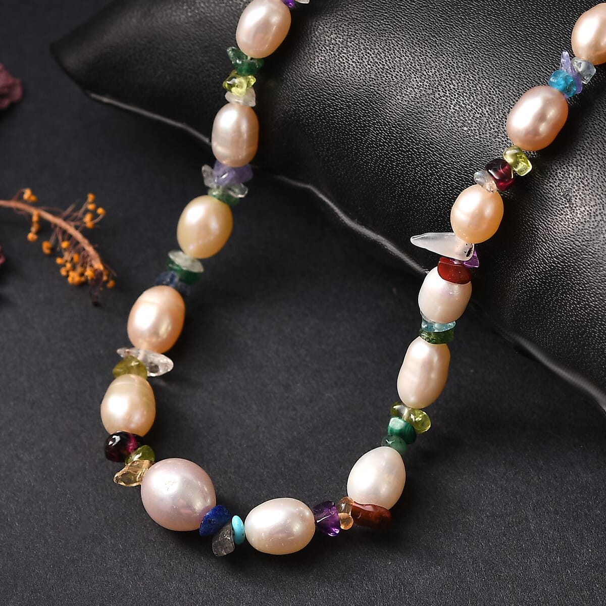 Multi Color Freshwater Pearl and Multi Gemstone 10.00 ctw Necklace in Rhodium Over Sterling Silver 18 Inches image number 1