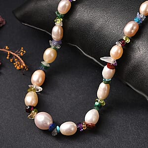 Multi Color Freshwater Pearl and Multi Gemstone 10.00 ctw Necklace in Rhodium Over Sterling Silver 18 Inches