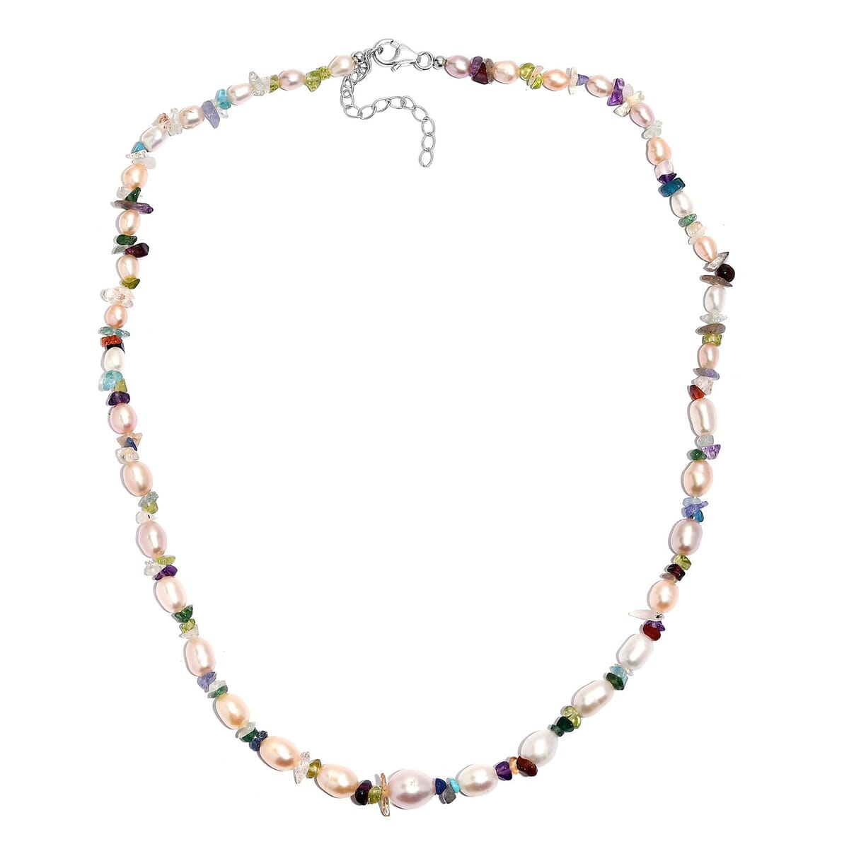 Multi Color Freshwater Pearl and Multi Gemstone 10.00 ctw Necklace in Rhodium Over Sterling Silver 18 Inches image number 2