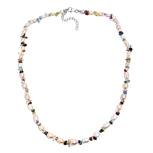 Multi Color Freshwater Pearl and Multi Gemstone 10.00 ctw Necklace in Rhodium Over Sterling Silver 18 Inches