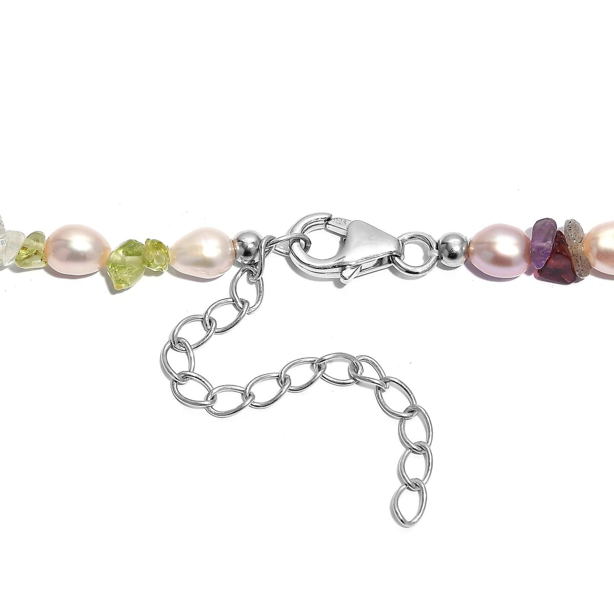 Multi Color Freshwater Pearl and Multi Gemstone 10.00 ctw Necklace in Rhodium Over Sterling Silver 18 Inches image number 3