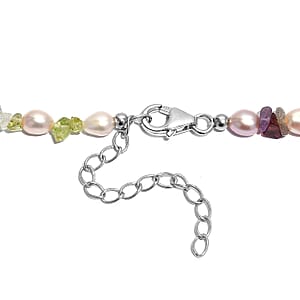 Multi Color Freshwater Pearl and Multi Gemstone 10.00 ctw Necklace in Rhodium Over Sterling Silver 18 Inches