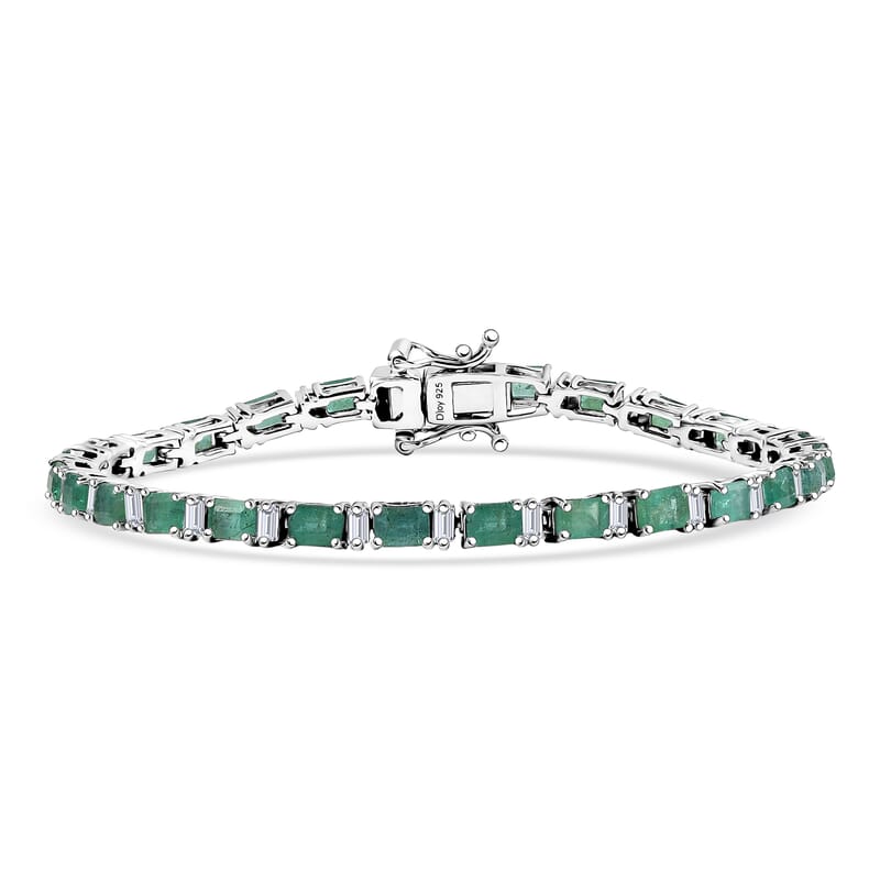 D'Joy Premium Kagem Zambian Emerald and  Moissanite 6.45 ctw Floral Vine Bracelet in Rhodium Over Sterling Silver (6.50 In)