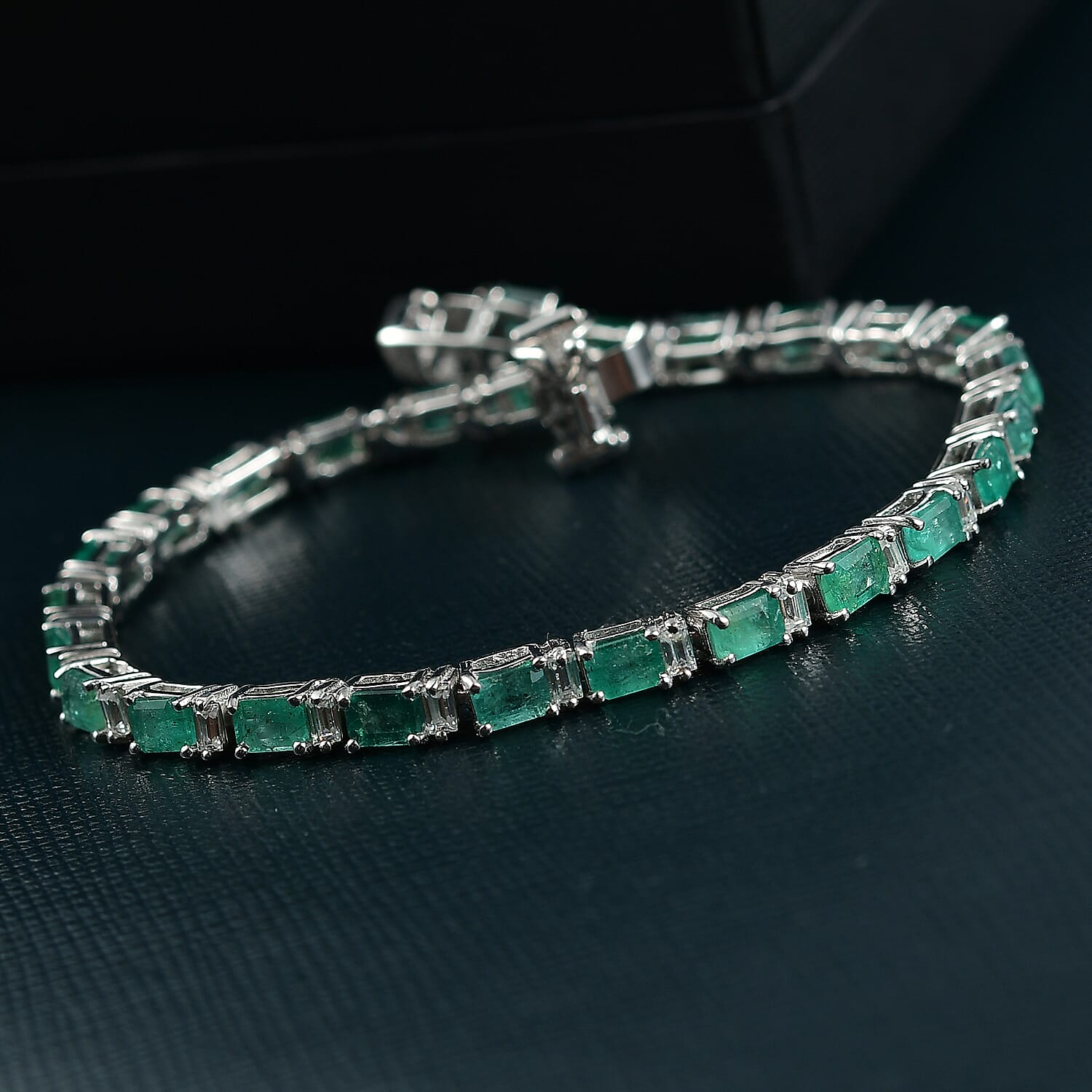 D'Joy Premium Kagem Zambian Emerald and  Moissanite 6.45 ctw Floral Vine Bracelet in Rhodium Over Sterling Silver (6.50 In)