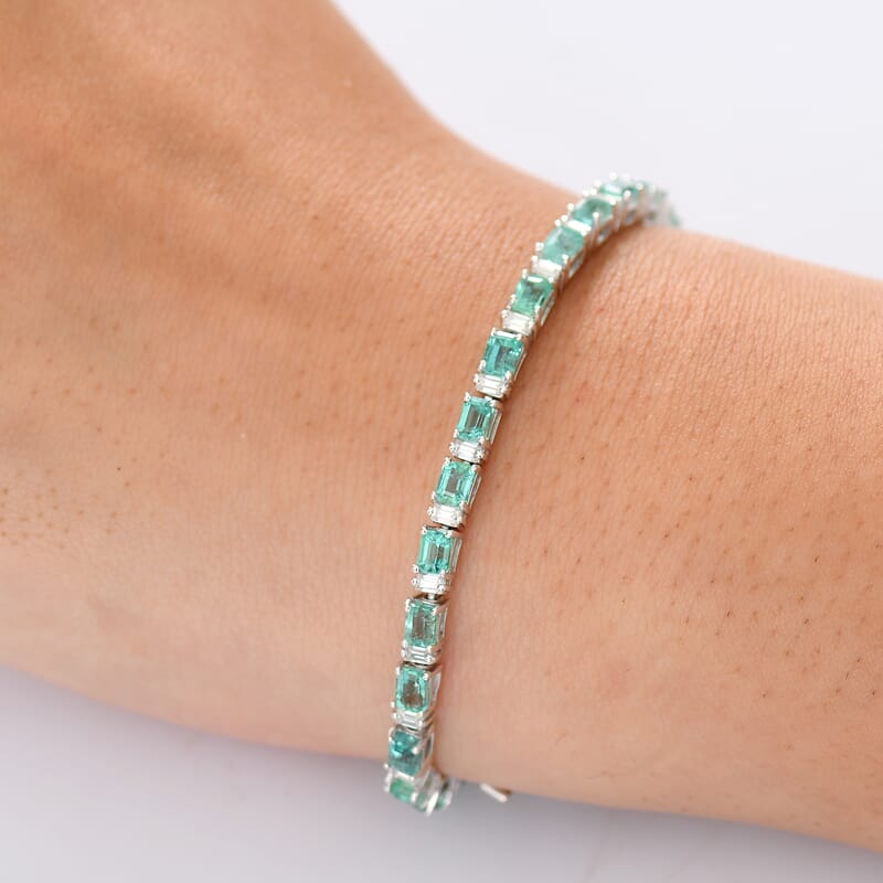 D'Joy Premium Kagem Zambian Emerald and  Moissanite 6.45 ctw Floral Vine Bracelet in Rhodium Over Sterling Silver (6.50 In)
