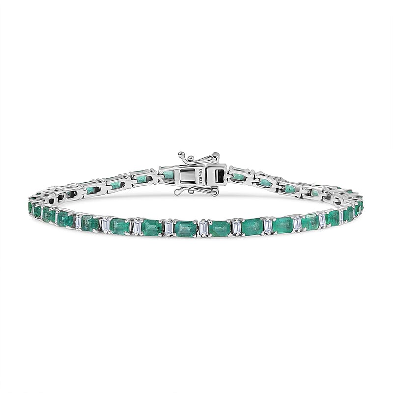 D’Joy Premium Kagem Zambian Emerald and Moissanite 7.20 ctw Floral Vine Bracelet in Rhodium Over Sterling Silv (7.25 In) 
