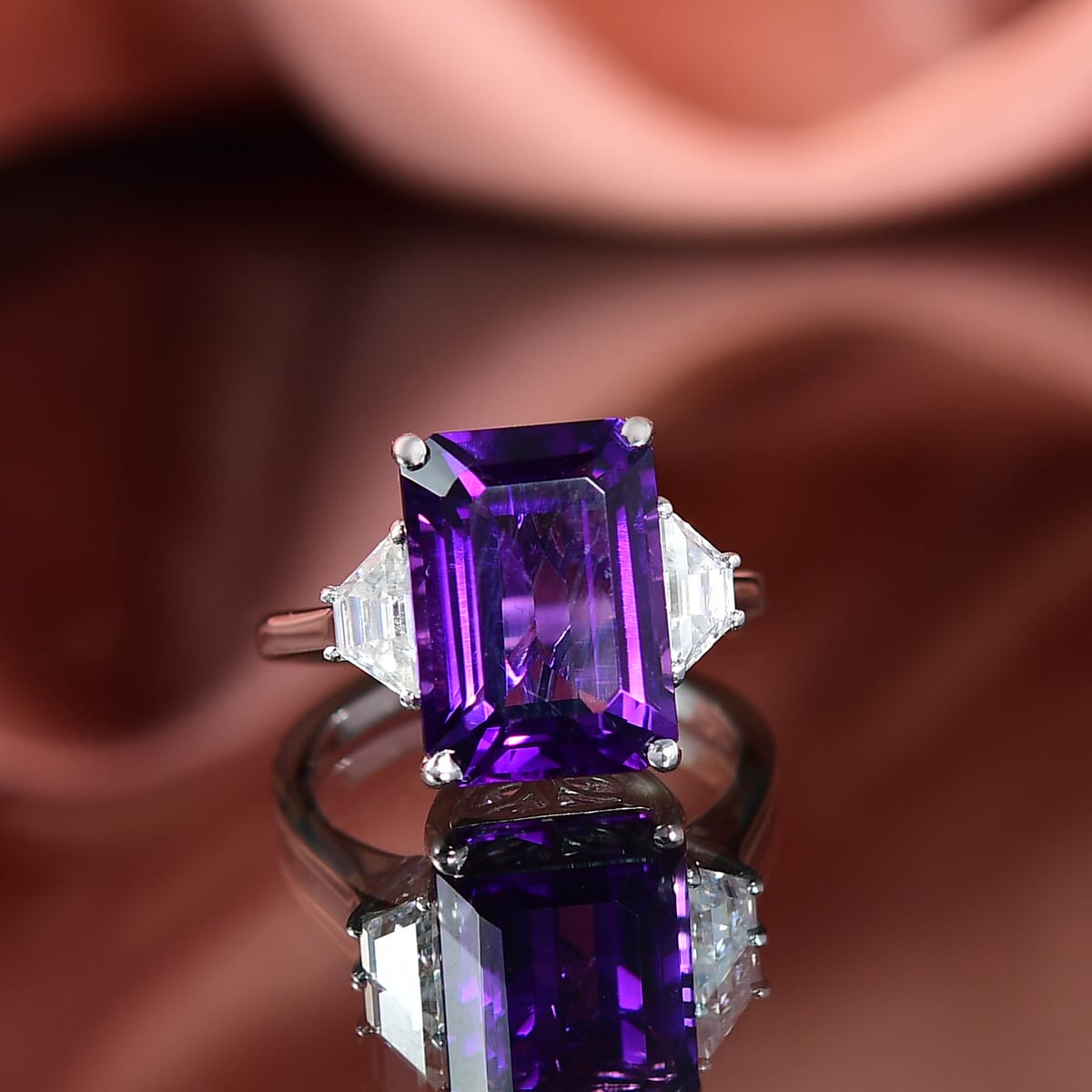 D'Joy Lusaka Amethyst and Moissanite 8.15 ctw Art Deco Ring in Rhodium Over Sterling Silver (Size 10.0) image number 1