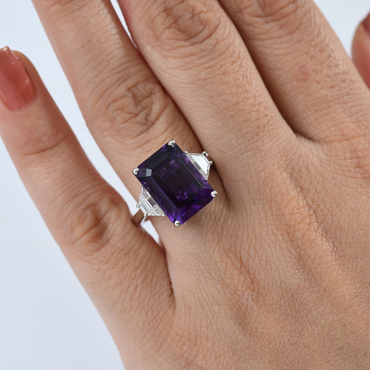 D'Joy Lusaka Amethyst and Moissanite 8.15 ctw Art Deco Ring in Rhodium Over Sterling Silver (Size 10.0) image number 2