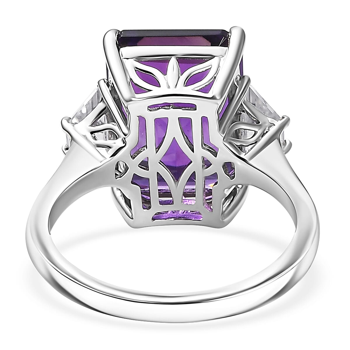 D'Joy Lusaka Amethyst and Moissanite 8.15 ctw Art Deco Ring in Rhodium Over Sterling Silver (Size 10.0)