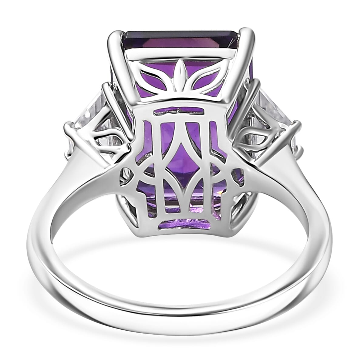 D'Joy Lusaka Amethyst and Moissanite 8.15 ctw Art Deco Ring in Rhodium Over Sterling Silver (Size 10.0) image number 4
