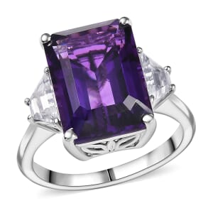 D'Joy Lusaka Amethyst and Moissanite 8.15 ctw Art Deco Ring in Rhodium Over Sterling Silver (Size 7.0)