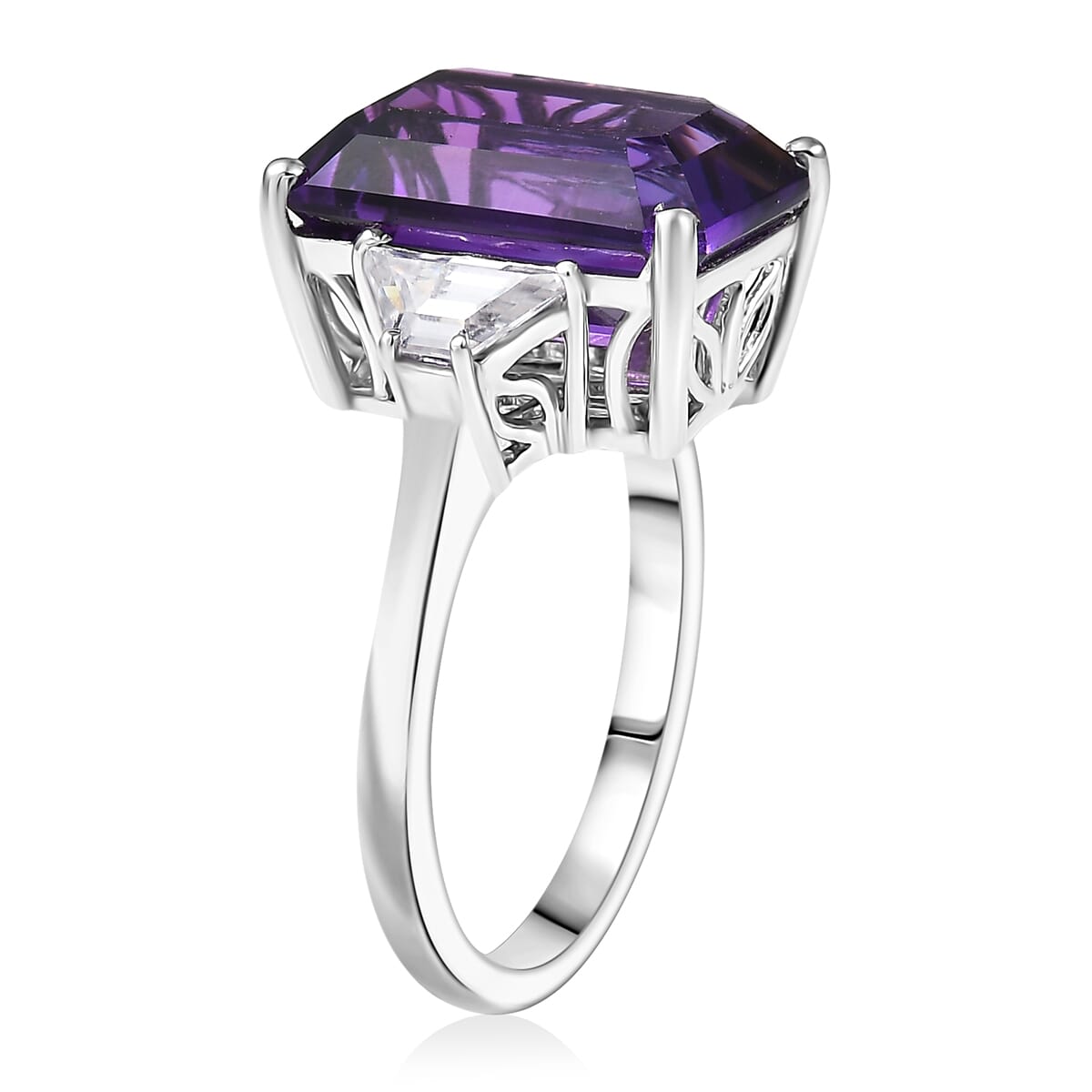 D'Joy Lusaka Amethyst and Moissanite 8.15 ctw Art Deco Ring in Rhodium Over Sterling Silver (Size 7.0) image number 3