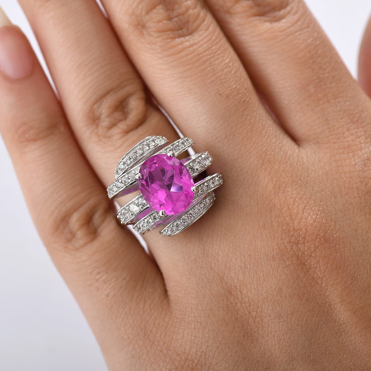 Ever True Radiant Orchid Quartz (Triplet) and White Zircon 6.35 ctw Ring in Platinum Bond (Size 6.0) image number 2