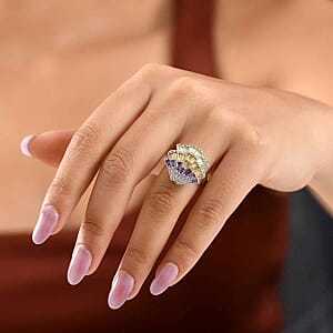 GP African Amethyst and Multi Gemstone 3.12 ctw Ring in Rhodium Over Sterling Silver (Size 9.0)
