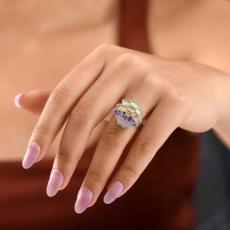 GP African Amethyst and Multi Gemstone 3.12 ctw Ring in Rhodium Over Sterling Silver (Size 9.0)