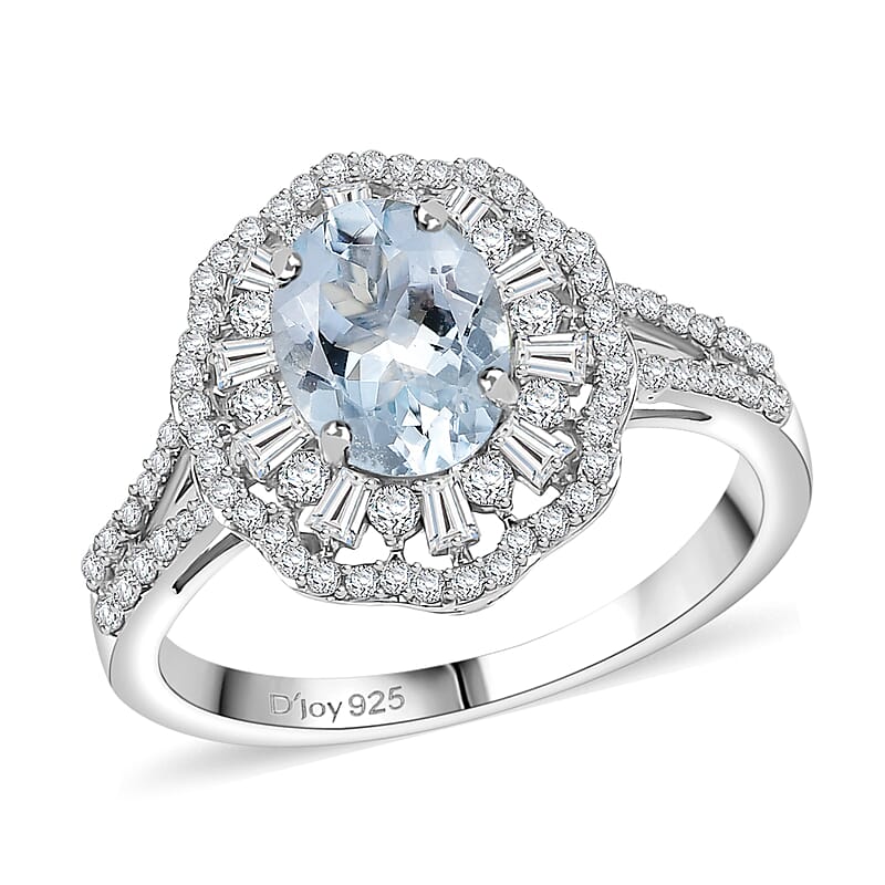 D'Joy Premium Mangoro Aquamarine and Moissanite 2.40 ctw Blooming Floral Ring in Rhodium Over Sterling Silver (Size 10.0)