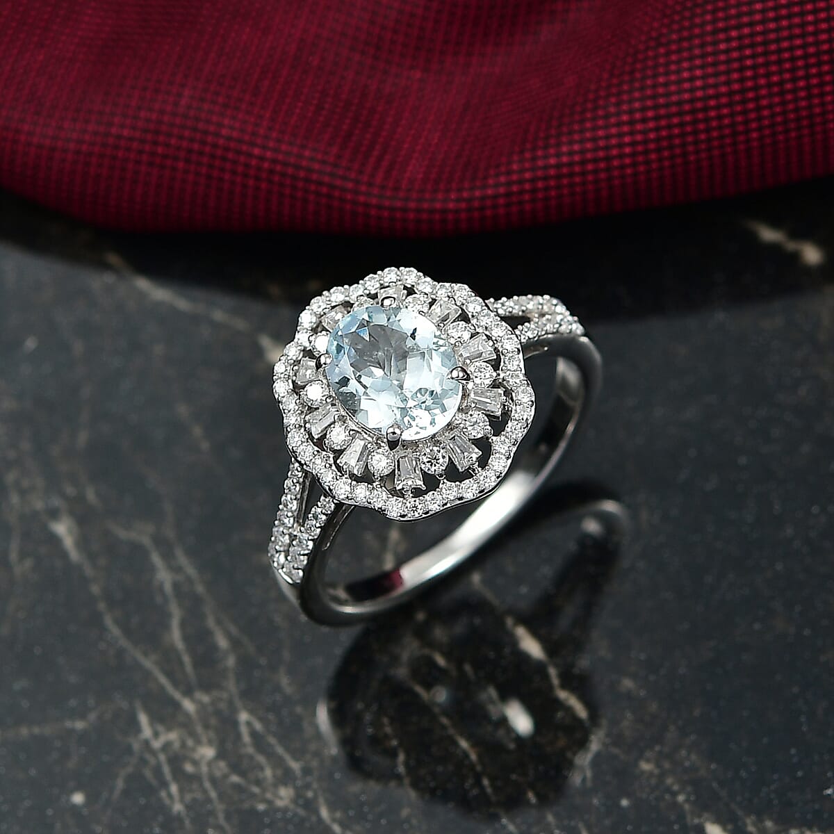 D'Joy Premium Mangoro Aquamarine and Moissanite 2.40 ctw Ring in Rhodium Over Sterling Silver (Size 10.0) image number 1