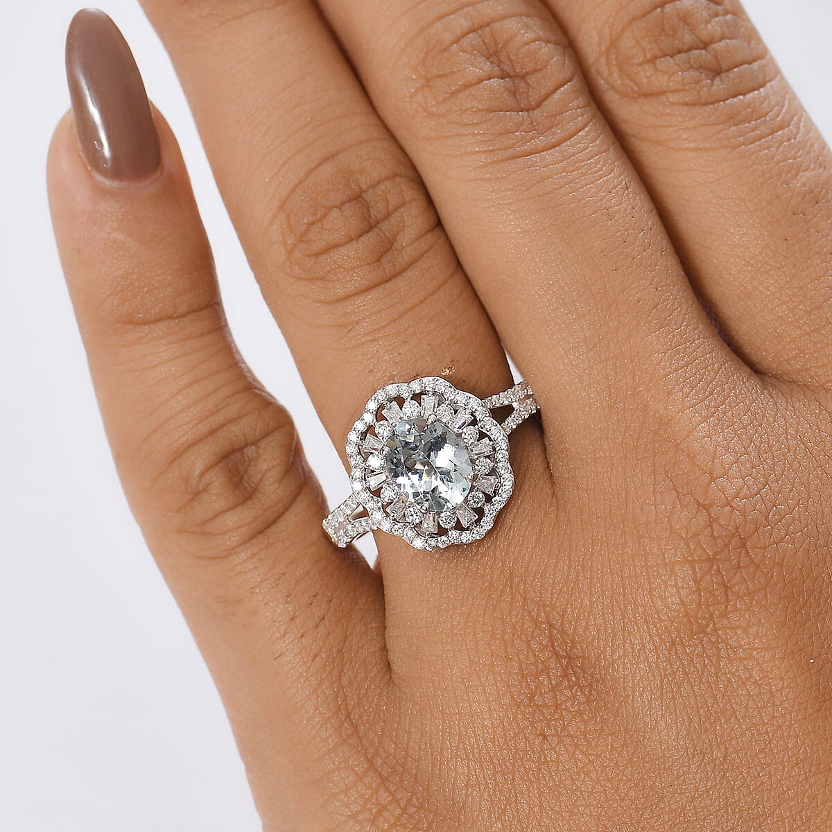 D'Joy Premium Mangoro Aquamarine and Moissanite 2.40 ctw Ring in Rhodium Over Sterling Silver (Size 10.0) image number 2
