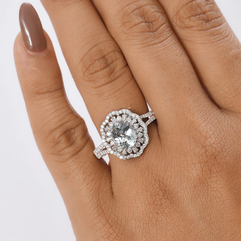 D'Joy Premium Mangoro Aquamarine and Moissanite 2.40 ctw Blooming Floral Ring in Rhodium Over Sterling Silver (Size 10.0)