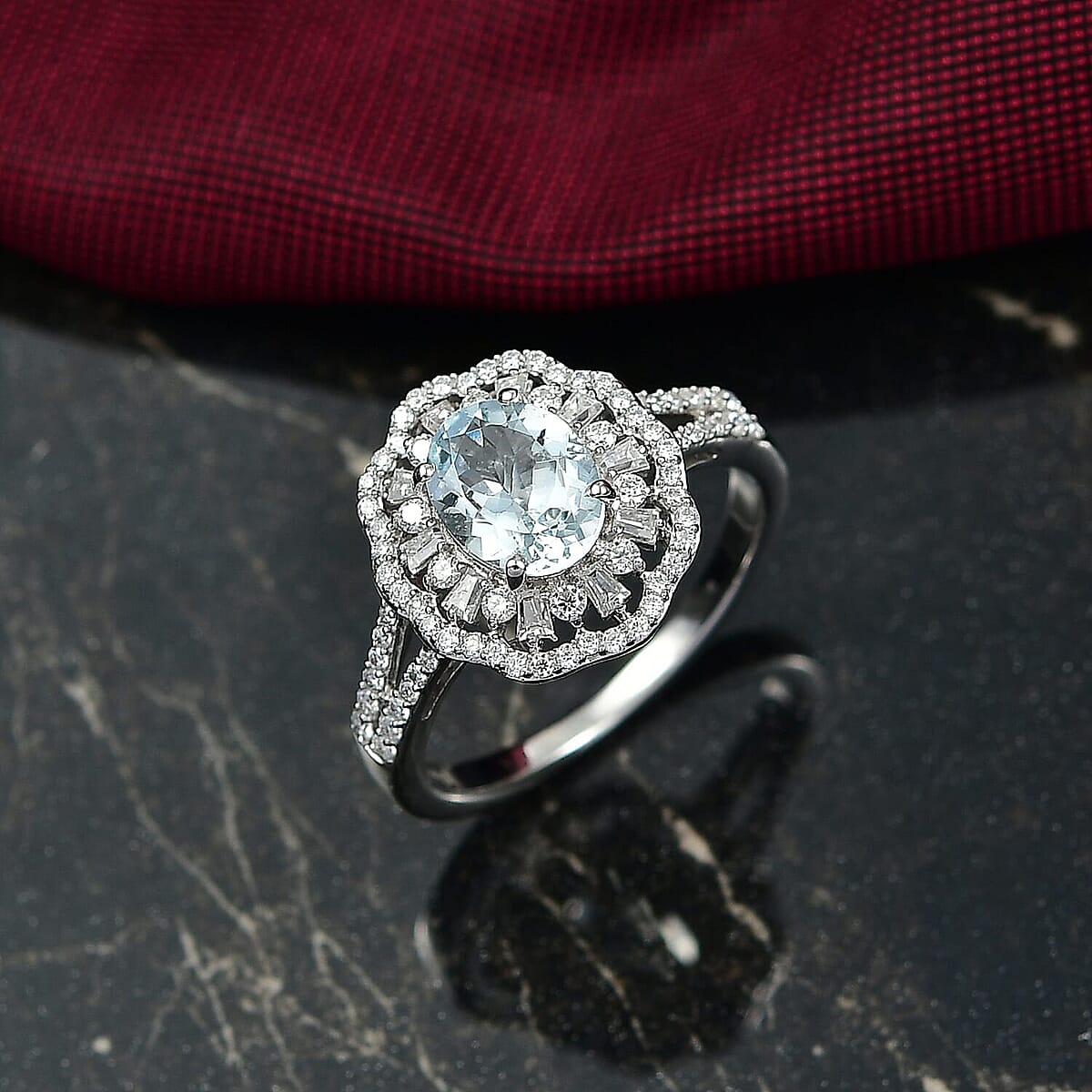 D'Joy Premium Mangoro Aquamarine and Moissanite 2.40 ctw Ring in Rhodium Over Sterling Silver (Size 11.0) image number 1