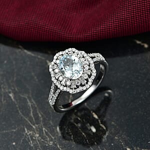D'Joy Premium Mangoro Aquamarine and Moissanite 2.40 ctw Ring in Rhodium Over Sterling Silver (Size 11.0)