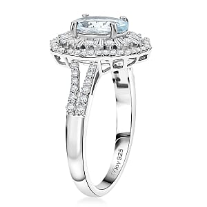 D'Joy Premium Mangoro Aquamarine and Moissanite 2.40 ctw Blooming Floral Ring in Rhodium Over Sterling Silver (Size 9.0)