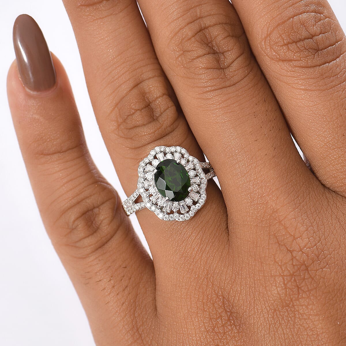 D'Joy Premium Chrome Diopside and Moissanite 2.70 ctw Blooming Floral Ring in Rhodium Over Sterling Silver (Size 9.0) image number 2