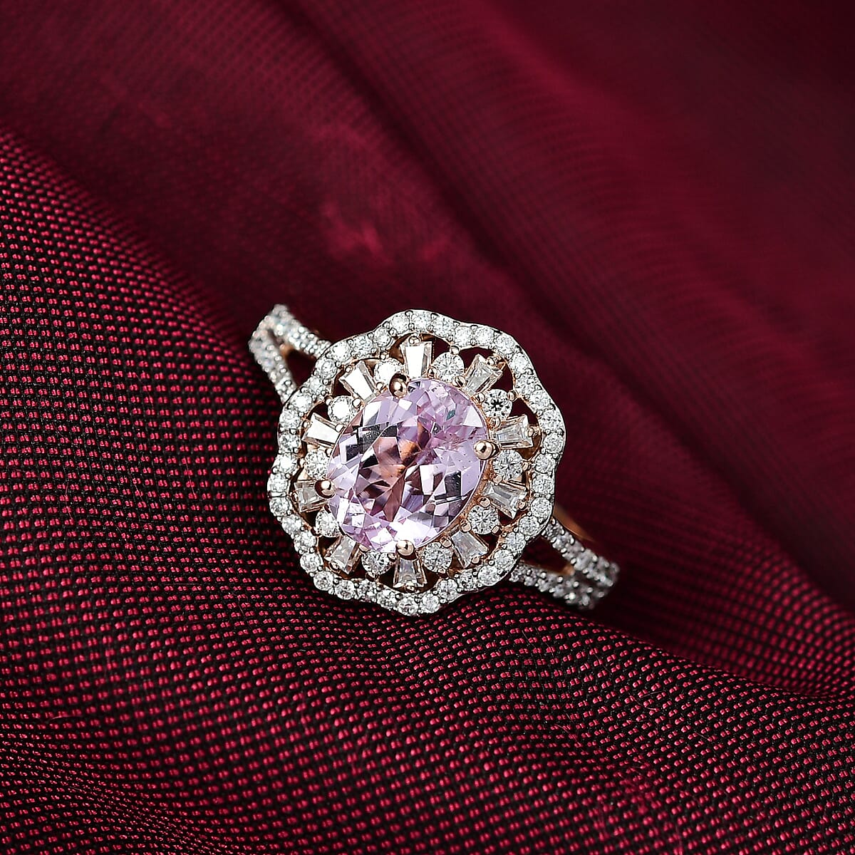 D'Joy Premium Kunzite, Moissanite 3.30 ctw Blooming Floral Ring in 18K Vermeil Rose Gold Over Sterling Silver (Size 7.0)  image number 1