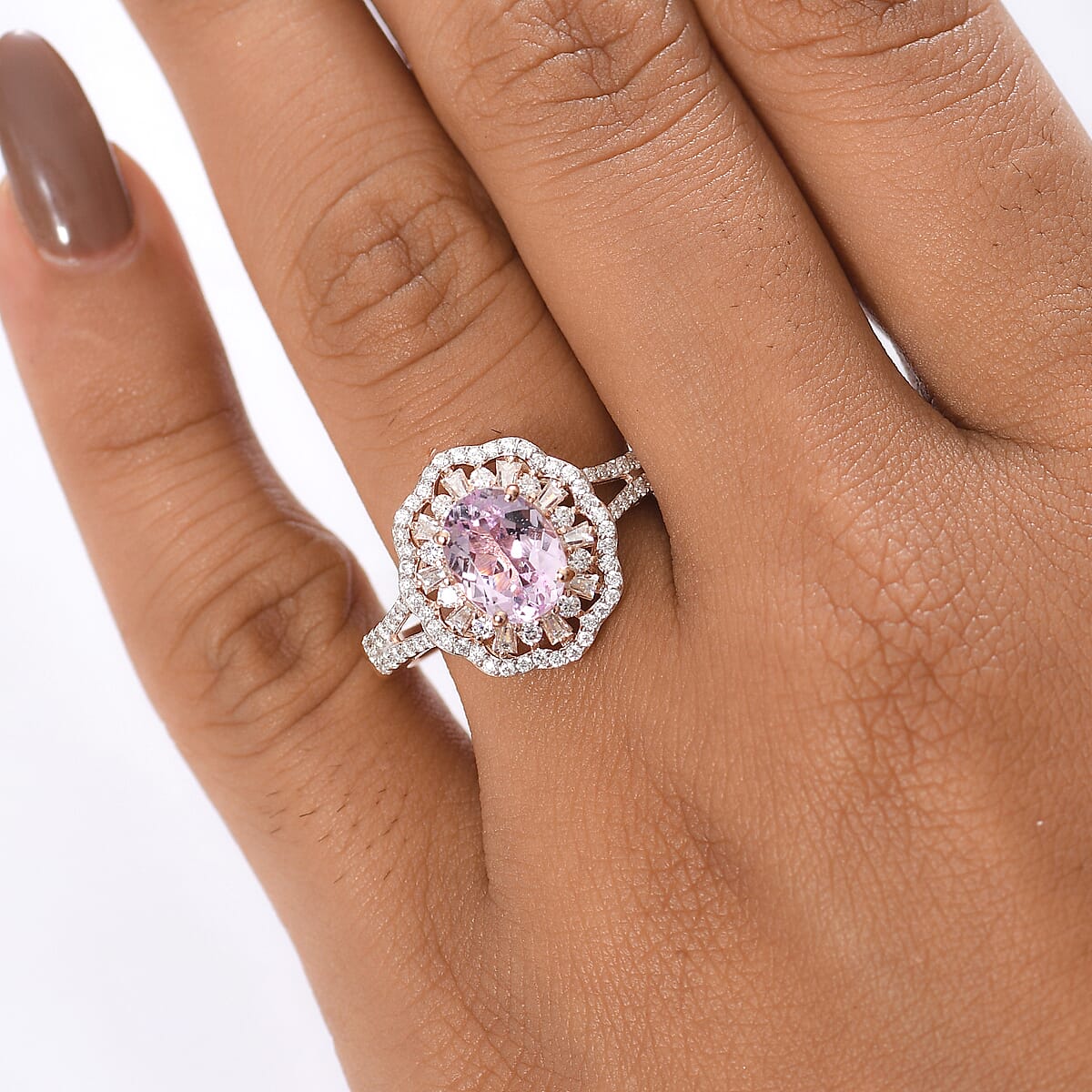 D'Joy Premium Kunzite, Moissanite 3.30 ctw Blooming Floral Ring in 18K Vermeil Rose Gold Over Sterling Silver (Size 7.0)  image number 2