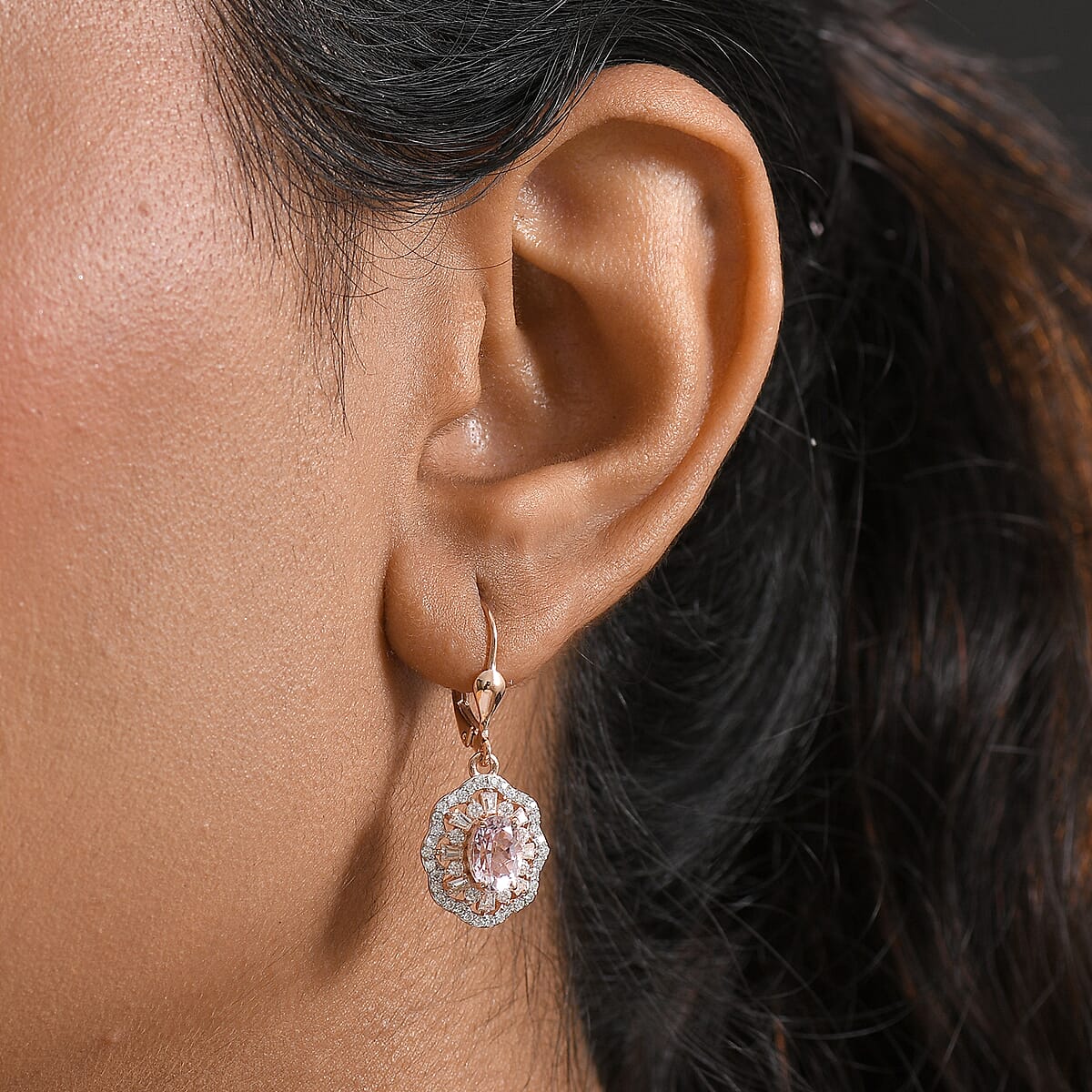 D'Joy Premium Kunzite and Moissanite 3.10 ctw Earrings in 18K Vermeil Rose Gold Over Sterling Silver image number 2