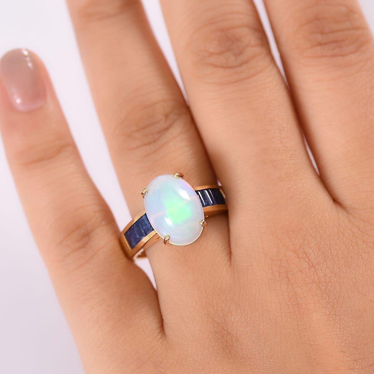 D'Joy Premium Ethiopian Welo Opal and Masoala Sapphire (D) 5.20 ctw Dreamlight Ring in 18K Vermeil Yellow Gold Over Sterling Silver (Size 9.0) image number 2