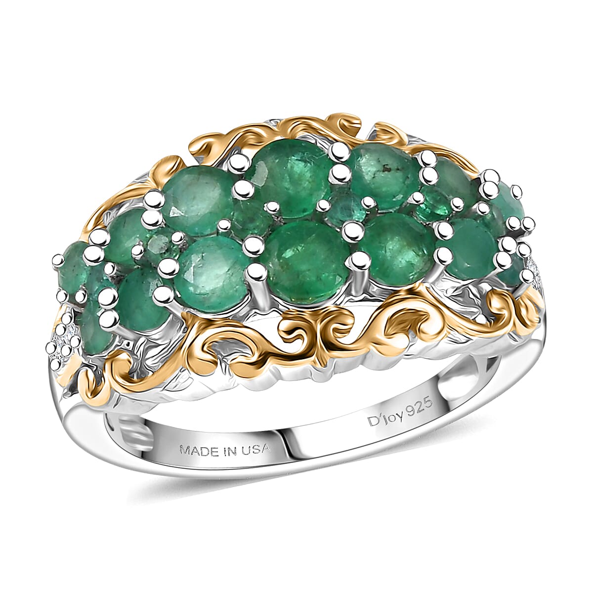 D'Joy Kagem Zambian Emerald and White Zircon 1.90 ctw Ring in 18K Vermeil Yellow Gold and Rhodium Over Sterling Silver (Size 10.0) image number 0