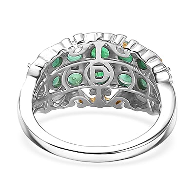 D'Joy Kagem Zambian Emerald, White Zircon Ring in 18K Vermeil YG and Rhodium Over Sterling Silver 1.90 ctw (Size 10.0)