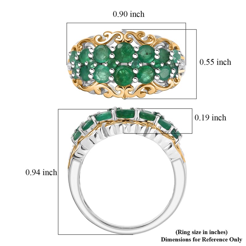 D'Joy Kagem Zambian Emerald, White Zircon Ring in 18K Vermeil YG and Rhodium Over Sterling Silver 1.90 ctw (Size 10.0)