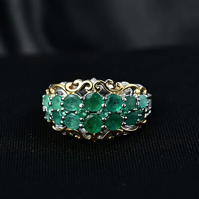 D'Joy Kagem Zambian Emerald, White Zircon Ring in 18K Vermeil YG and Rhodium Over Sterling Silver 1.90 ctw (Size 5.0)