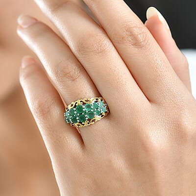 D'Joy Kagem Zambian Emerald, White Zircon Ring in 18K Vermeil YG and Rhodium Over Sterling Silver 1.90 ctw (Size 5.0)