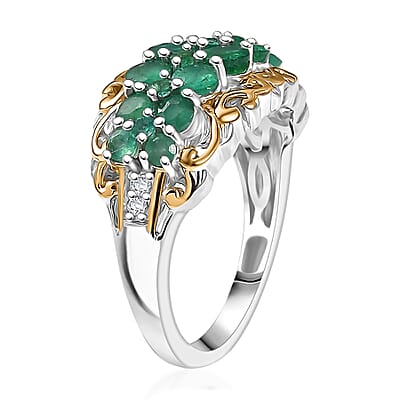 D'Joy Kagem Zambian Emerald, White Zircon Ring in 18K Vermeil YG and Rhodium Over Sterling Silver 1.90 ctw (Size 5.0)