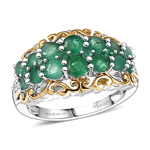 D'Joy Kagem Zambian Emerald, White Zircon Ring in 18K Vermeil YG and Rhodium Over Sterling Silver 1.90 ctw (Size 7.0)