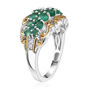 D'Joy Kagem Zambian Emerald, White Zircon Ring in 18K Vermeil YG and Rhodium Over Sterling Silver 1.90 ctw (Size 8.0)
