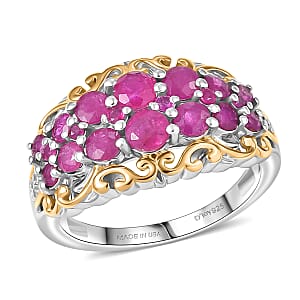 D Joy Mozambique Ruby, White Zircon Ring in 18K Vermeil YG and Rhodium Over Sterling Silver 2.00 ctw (Size 5.0)