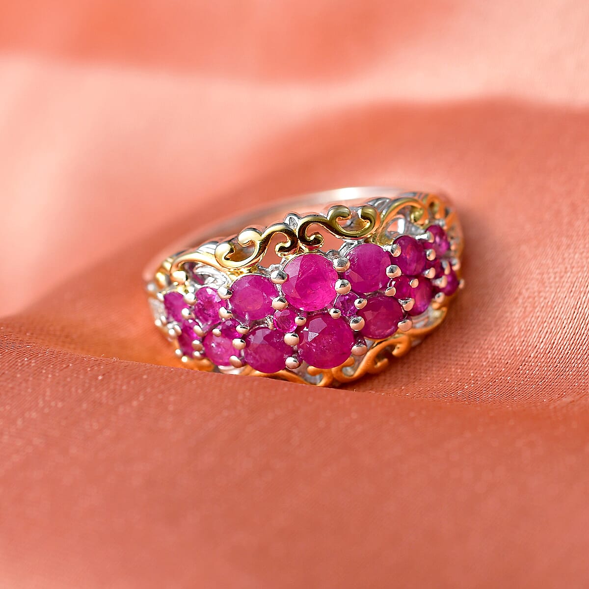 D Joy Mozambique Ruby, White Zircon Ring in 18K Vermeil YG and Rhodium Over Sterling Silver 2.00 ctw (Size 5.0) image number 1