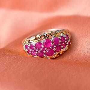 D Joy Mozambique Ruby, White Zircon Ring in 18K Vermeil YG and Rhodium Over Sterling Silver 2.00 ctw (Size 5.0)