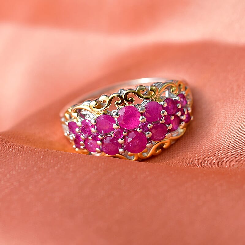 D Joy Mozambique Ruby, White Zircon Ring in 18K Vermeil YG and Rhodium Over Sterling Silver 2.00 ctw (Size 5.0)