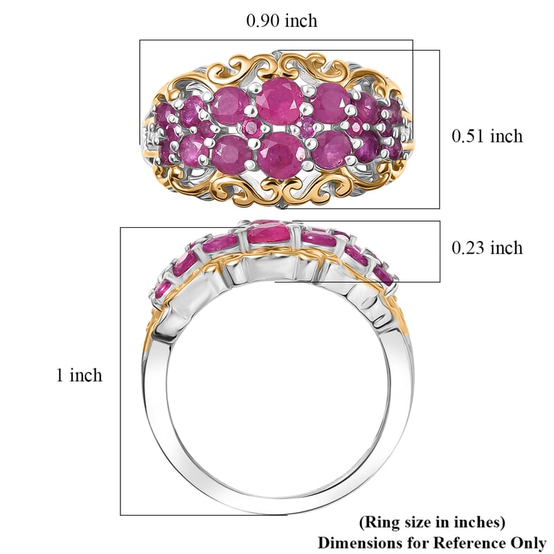 D Joy Mozambique Ruby, White Zircon Ring in 18K Vermeil YG and Rhodium Over Sterling Silver 2.00 ctw (Size 5.0)