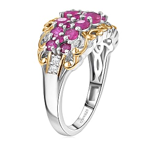 D Joy Mozambique Ruby, White Zircon Ring in 18K Vermeil YG and Rhodium Over Sterling Silver 2.00 ctw (Size 6.0)