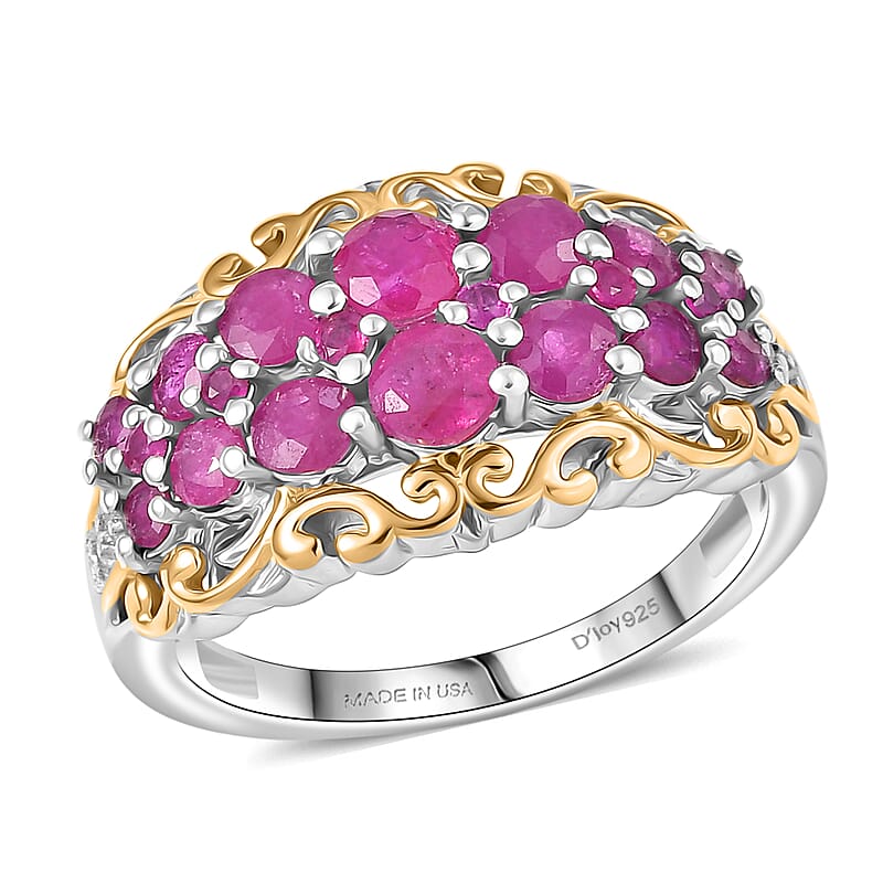 D Joy Mozambique Ruby, White Zircon Ring in 18K Vermeil YG and Rhodium Over Sterling Silver 2.00 ctw (Size 7.0)