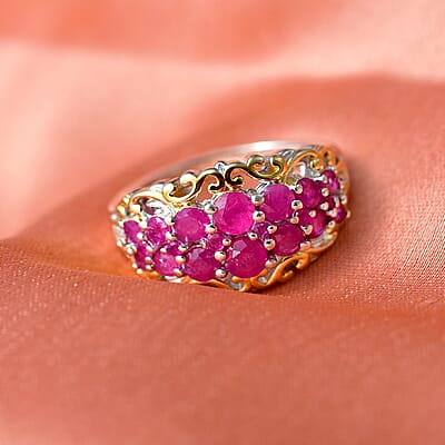 D Joy Mozambique Ruby, White Zircon Ring in 18K Vermeil YG and Rhodium Over Sterling Silver 2.00 ctw (Size 7.0)
